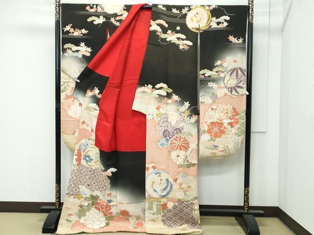 平和屋着物●極上 アンティーク 大正ロマン 振袖 駒刺繍 中国三大刺繍 相良刺繍 鳳凰飛鶴吉祥花 暈し染め 黒地 金彩 逸品 CZAA4908s6