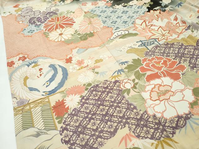 平和屋着物●極上 アンティーク 大正ロマン 振袖 駒刺繍 中国三大刺繍 相良刺繍 鳳凰飛鶴吉祥花 暈し染め 黒地 金彩 逸品 CZAA4908s6