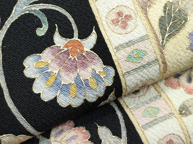 平和屋着物●極上 岡重謹製 OKAJIMA つけ帯 更紗花文 黒地 金彩 鬼しぼ縮緬 逸品 CZAA4926s6