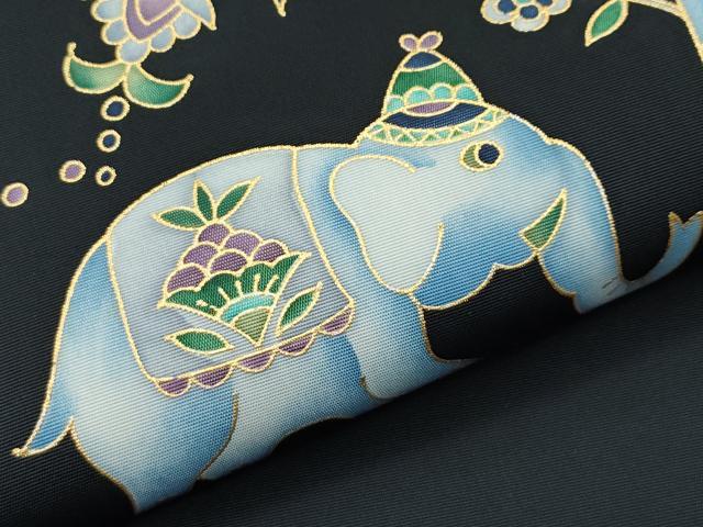 平和屋本店●極上 岡重謹製 OKAJIMA 塩瀬 九寸開き名古屋帯 象 更紗花文 黒地 逸品 未使用 CZAA4938s6