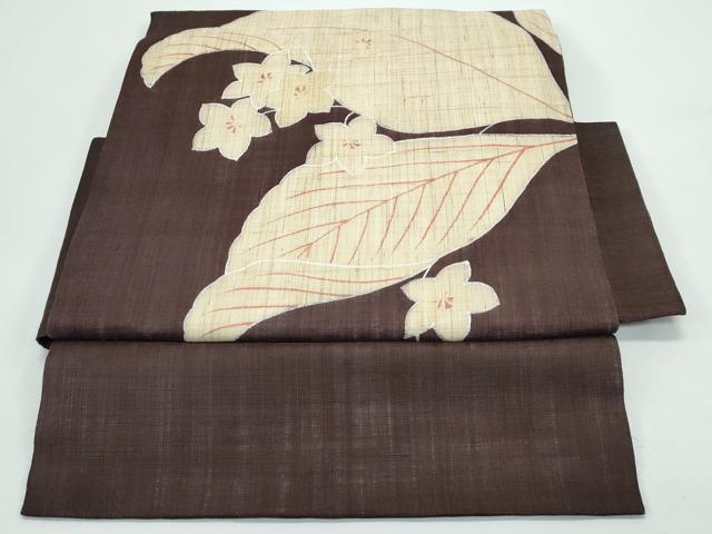 平和屋着物*極上 夏物 つけ帯 草花文 銀彩 赤墨色地 麻 逸品 CZAA4950s6