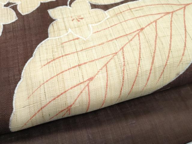 平和屋着物*極上 夏物 つけ帯 草花文 銀彩 赤墨色地 麻 逸品 CZAA4950s6