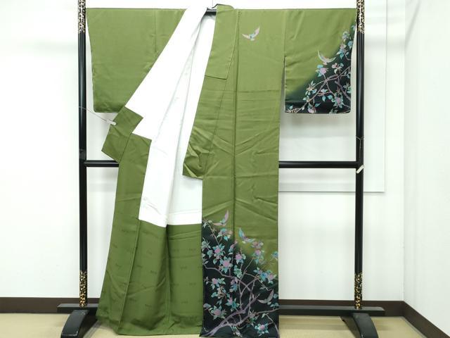 平和屋着物●極上 染色作家 斉藤三才 三才鳥 訪問着 枝花文 暈し染め 金彩 草色地 逸品 未使用 CZAA4976s6