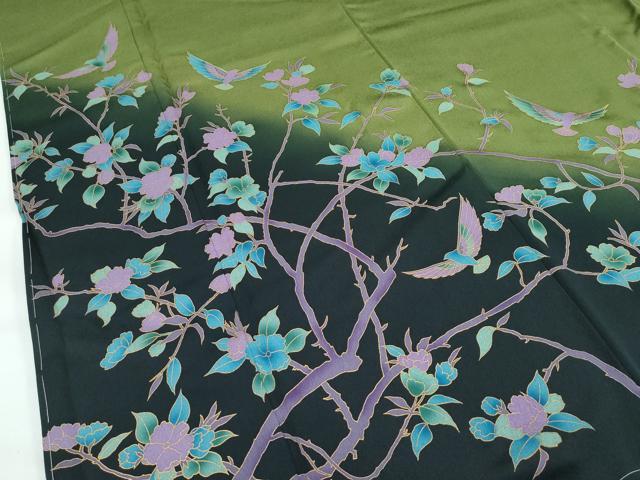 平和屋着物●極上 染色作家 斉藤三才 三才鳥 訪問着 枝花文 暈し染め 金彩 草色地 逸品 未使用 CZAA4976s6