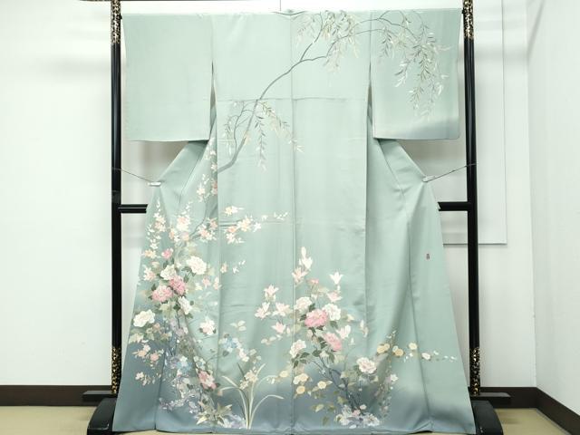 平和屋着物●極上 訪問着 友禅 作家物 枝花文 暈し染め 青白橡色地 逸品 CZAA4977s6
