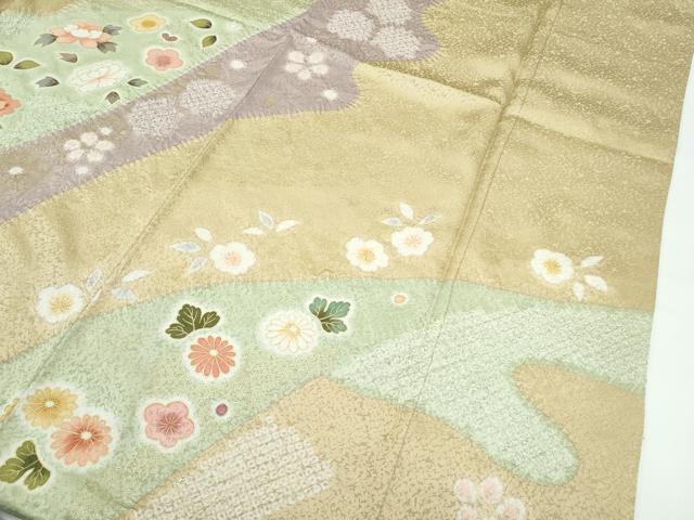 平和屋着物●極上 訪問着 駒刺繍 絞り 松竹梅吉祥草花文 暈し染め 金彩 榛色地 逸品 CZAA4982s6