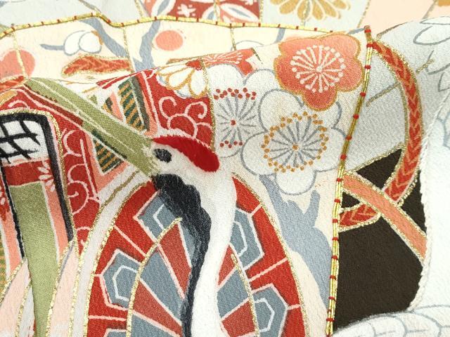 平和屋着物▽極上 アンティーク 単衣 大正ロマン 振袖 駒刺繍 松竹梅檜扇飛鶴花文 黒地 金彩 逸品 CZAA5006s6