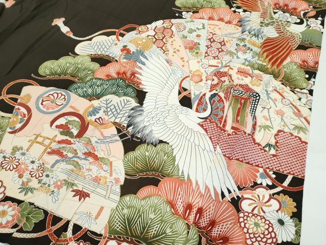 平和屋着物▽極上 アンティーク 単衣 大正ロマン 振袖 駒刺繍 松竹梅檜扇飛鶴花文 黒地 金彩 逸品 CZAA5006s6