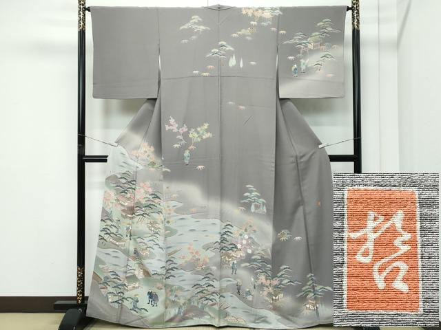 平和屋着物●極上 十日町 加賀草木友禅の第一人者 田村哲彦 訪問着 人物風景文 暈し染め 煤色地 逸品 CZAA5072s6