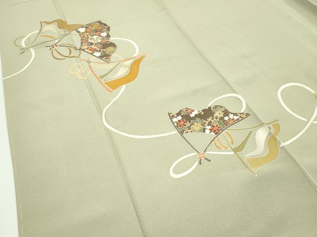 平和屋本店●極上 京の名門 友禅 染の北川 訪問着 駒刺繍 扇面花唐草文 金彩 油色地 反端付き 逸品 未使用 CZAA5080s6