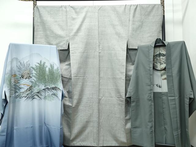 平和屋本店●極上 男性 紬・長羽織・長襦袢セット 着物:灰汁色 羽織:柳煤竹色 キングサイズ 逸品 CZAA5088s6