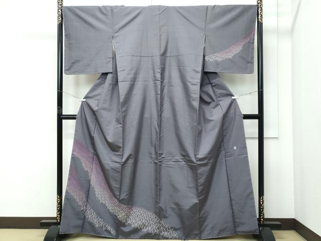 平和屋着物●極上 訪問着 紬地 総刺繍 刺し子 麻の葉文様 さが美扱い 消炭色地 逸品 未使用 CZAA5095s6