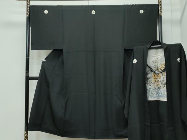 平和屋本店●極上 男性 黒紋付 長羽織セット 羽裏:虎 逸品 CZAA5098s6