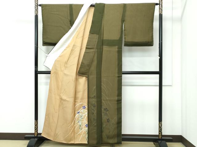 平和屋着物●極上 訪問着 無双 紗袷 紗×紗 草花文 表:海松茶色 裏:飴色地 逸品 未使用 CZAA5099s6