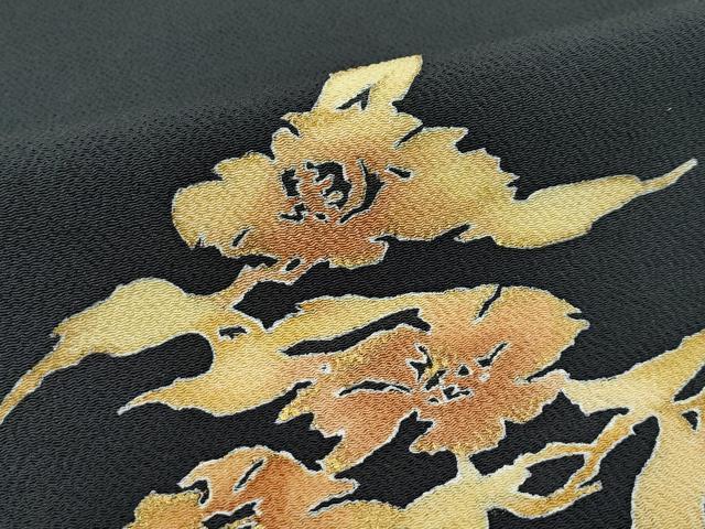 平和屋着物●極上 名門・上野家 上野街子 清染居 太鼓柄袋帯 枝花文 黒地 金彩 鬼しぼ縮緬 逸品 CZAA5118s6