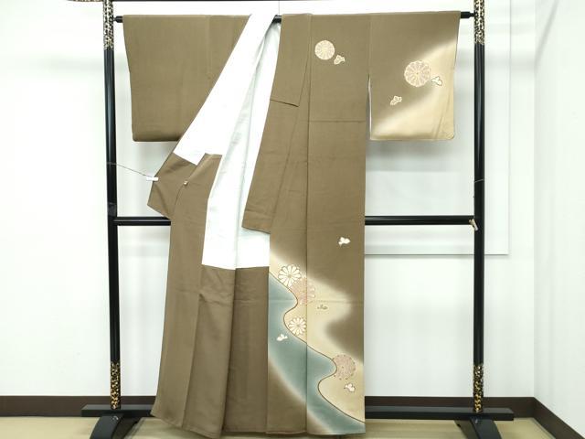 平和屋着物●極上 訪問着 菊 暈し染め 金彩 鬼しぼ縮緬 媚茶色地 逸品 CZAA5144s6