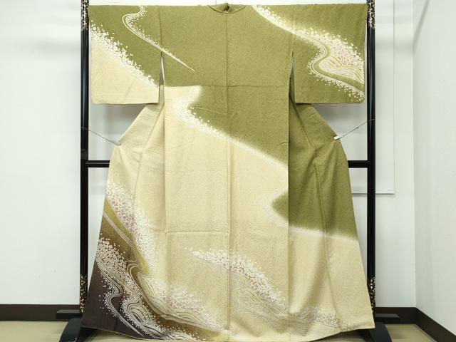 平和屋着物●極上 訪問着 絞り 流水舞花文 暈し染め 銀通し地 逸品 CZAA5145s6