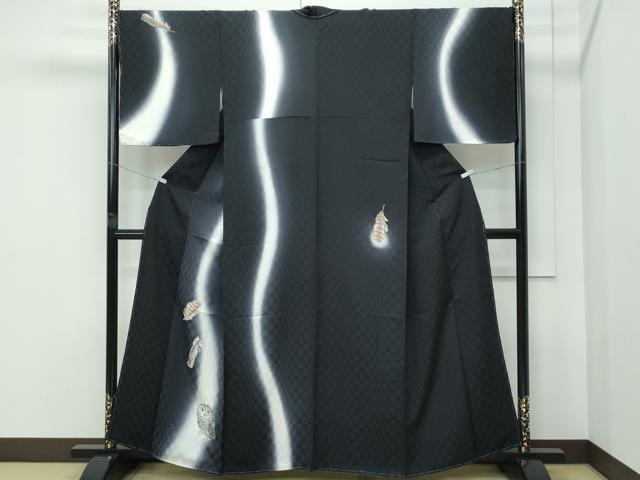 平和屋着物●極上 訪問着 手描き フクロウ 梟 暈し染め 黒地 逸品 未使用 CZAA5147s6