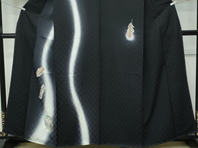 平和屋着物●極上 訪問着 手描き フクロウ 梟 暈し染め 黒地 逸品 未使用 CZAA5147s6