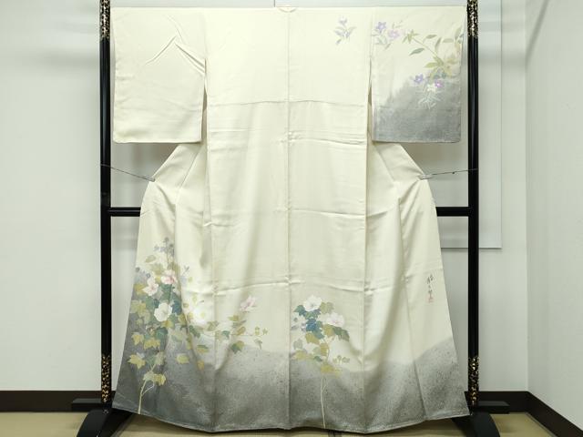 平和屋着物●極上 二代目清次郎 手描き 訪問着 刺繍 草花文 たたき染め 金彩 砥粉色地 逸品 未使用 CZAA5149s6