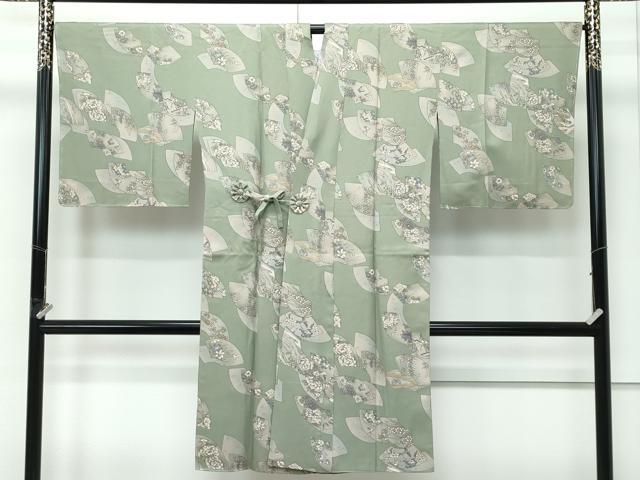 平和屋着物∞極上 道中着 ロング丈 地紙重ね風景花文 金彩 柳茶色地 羽裏:鳥獣戯画 逸品 未使用 CZAA5158s6
