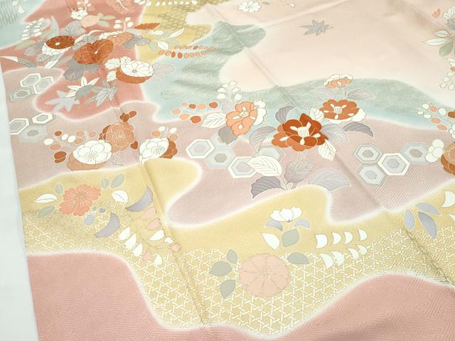 平和屋本店●極上 創業460年・千總 訪問着 駒刺繍 亀甲草花文 暈し染め 金彩 雄黄色地 逸品 CZAA5165s6