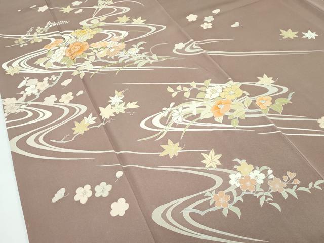 平和屋本店●極上 創業460年・千總 訪問着 刺繍 流水草花文 金彩 柴染色地 逸品 CZAA5168s6