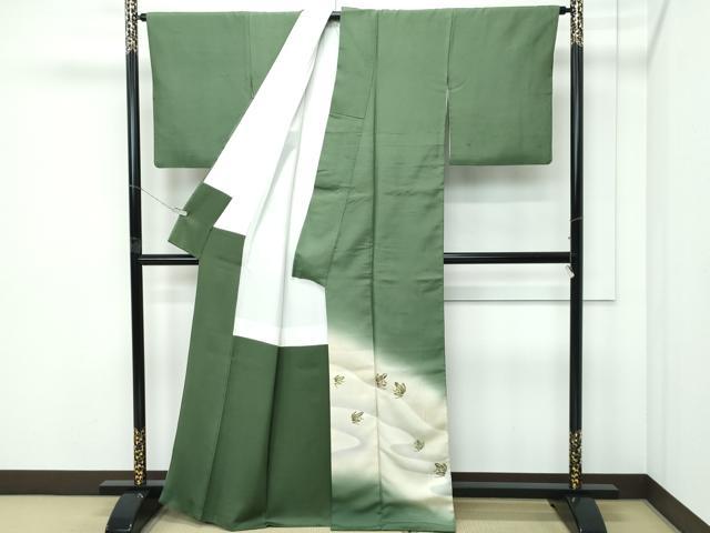 平和屋着物●極上 染織界の匠 村松祥三 訪問着 紬地 手描き カエル 麹塵色地 逸品 CZAA5203s6