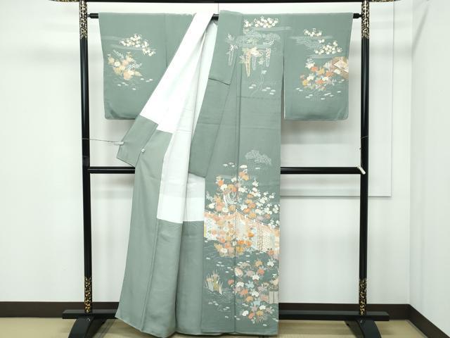 平和屋本店●極上 訪問着・長襦袢セット 駒刺繍 草花風景文 金彩 鬼しぼ縮緬 青白橡色地 逸品 未使用 CZAA5244s6