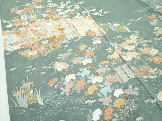 平和屋本店●極上 訪問着・長襦袢セット 駒刺繍 草花風景文 金彩 鬼しぼ縮緬 青白橡色地 逸品 未使用 CZAA5244s6