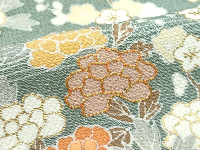 平和屋本店●極上 訪問着・長襦袢セット 駒刺繍 草花風景文 金彩 鬼しぼ縮緬 青白橡色地 逸品 未使用 CZAA5244s6