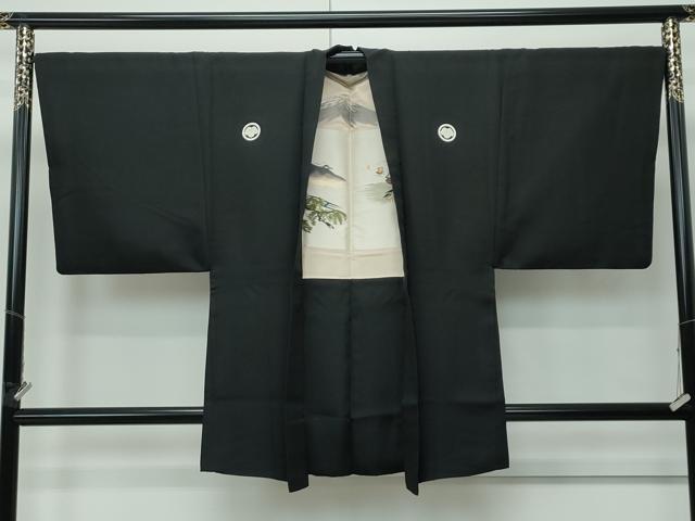 平和屋着物●極上 男性 黒紋付 羽織セット 京染 羽裏:風景文 反端付き 逸品 CZAA5245s6