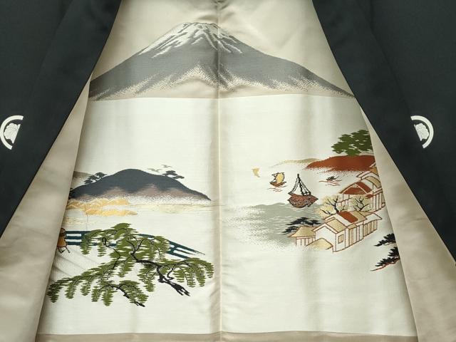 平和屋着物●極上 男性 黒紋付 羽織セット 京染 羽裏:風景文 反端付き 逸品 CZAA5245s6