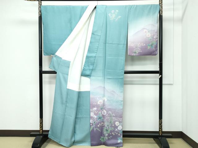 平和屋着物●極上 訪問着 刺繍 草花文 暈し染め 青磁色地 逸品 CZAA5276s6