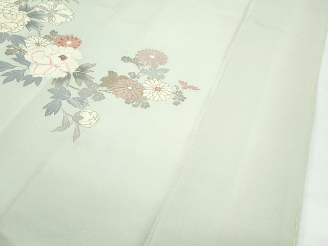 平和屋本店●極上 創業460年・千總 訪問着 刺繍 菊 牡丹 金彩 若葉色地 反端付き 逸品 未使用 CZAA5277s6