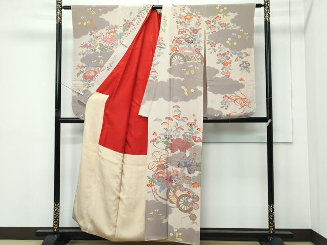 平和屋本店●極上 アンティーク 大正ロマン 振袖 駒刺繍 雲取り花車文 逸品 CZAA5330s6