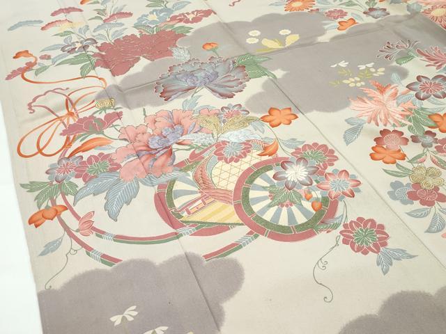 平和屋本店●極上 アンティーク 大正ロマン 振袖 駒刺繍 雲取り花車文 逸品 CZAA5330s6