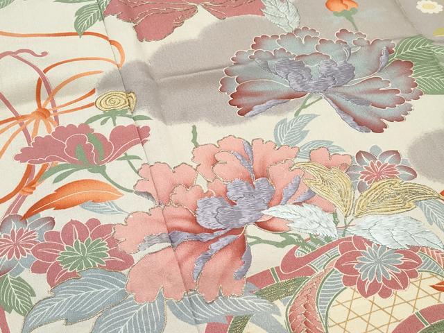 平和屋本店●極上 アンティーク 大正ロマン 振袖 駒刺繍 雲取り花車文 逸品 CZAA5330s6