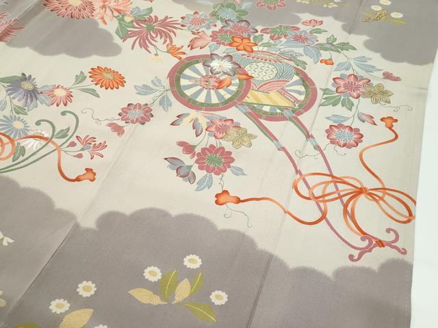 平和屋本店●極上 アンティーク 大正ロマン 振袖 駒刺繍 雲取り花車文 逸品 CZAA5330s6