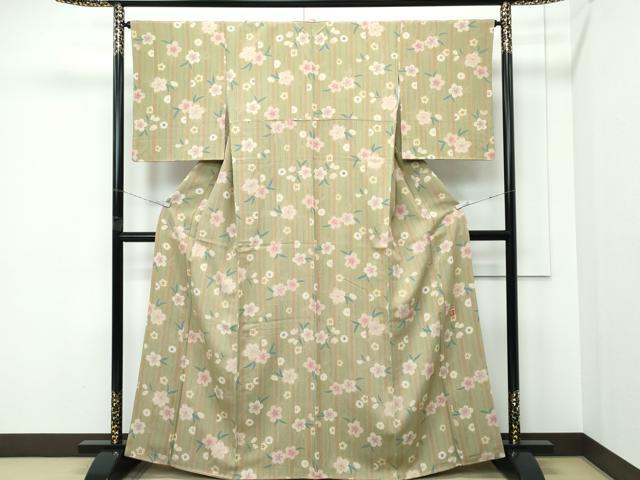 平和屋着物●極上 ファッションデザイナー 花井幸子 小紋 桜 間道 金彩 黄海松茶色地 逸品 CZAA5334s6