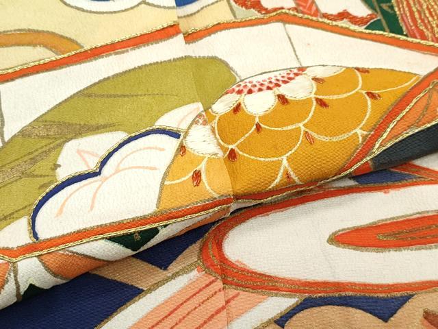 平和屋本店●極上 アンティーク 大正ロマン 振袖 駒刺繍 松竹梅扇面吉祥文 暈し染め 黒地 金彩 逸品 CZAA5339s6