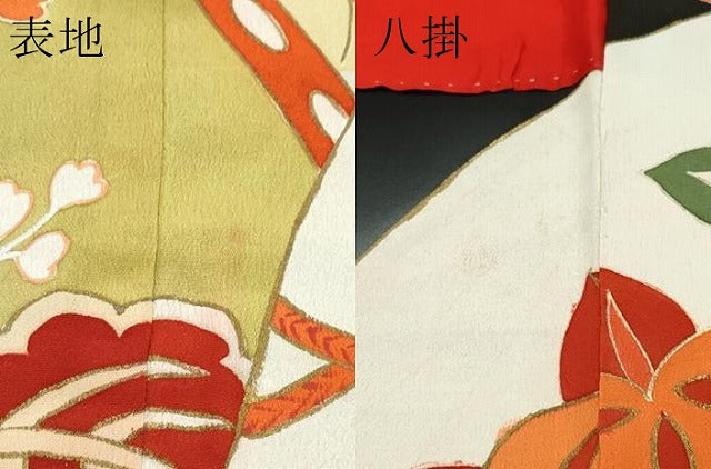 平和屋本店●極上 アンティーク 大正ロマン 振袖 駒刺繍 松竹梅扇面吉祥文 暈し染め 黒地 金彩 逸品 CZAA5339s6