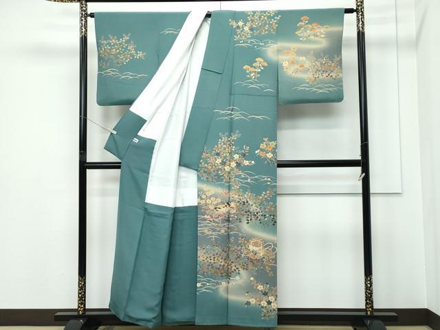 平和屋着物●極上 十日町 加賀草木友禅の第一人者 田村哲彦 訪問着 草花文 暈し染め 木賊色地 逸品 CZAA5346s6