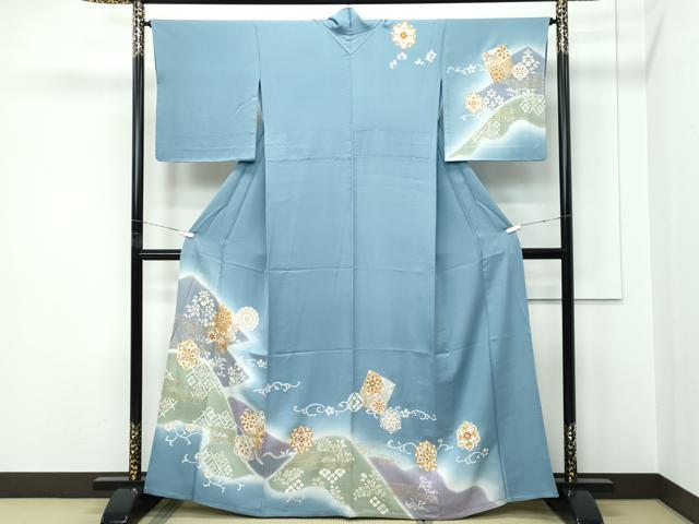 平和屋着物▽極上 訪問着 単衣 駒刺繍 正倉院花唐草文 暈し染め 金彩 湊鼠色地 逸品 CZAA5356s6