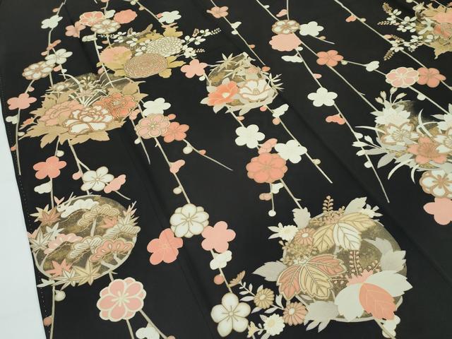 平和屋着物●極上 訪問着 駒刺繍 枝垂れ梅草花文 黒地 金彩 逸品 CZAA5357s6
