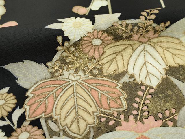 平和屋着物●極上 訪問着 駒刺繍 枝垂れ梅草花文 黒地 金彩 逸品 CZAA5357s6