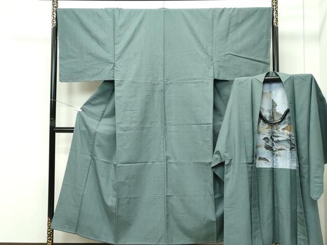 平和屋着物●極上 男性 紬 アンサンブル 色無地 山鳩色 逸品 未使用 CZAA5366s6