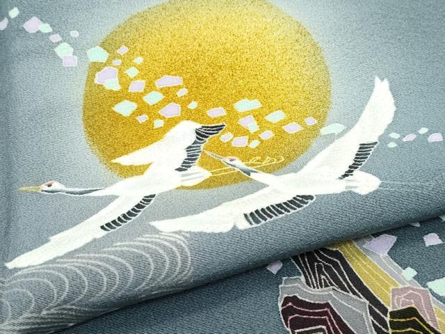 平和屋着物●極上 本加賀友禅作家 吉村伊佐子 訪問着 満月 立波飛鶴文 暈し染め 山鳩色地 逸品 CZAA5381s6