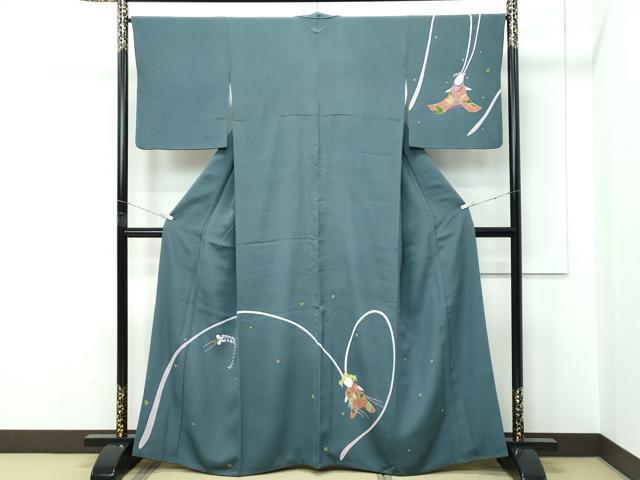 平和屋本店●極上 世界的人形師 辻村寿三郎 ジュサブロー 訪問着 刺繍 うさぎ 簪 鉄御納戸色地 逸品 CZAA5387s6