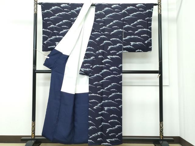平和屋着物●極上 藍造り国選定無形文化財 藍師・佐藤昭人 小紋 立波文 紫黒色地 逸品 CZAA5439s6